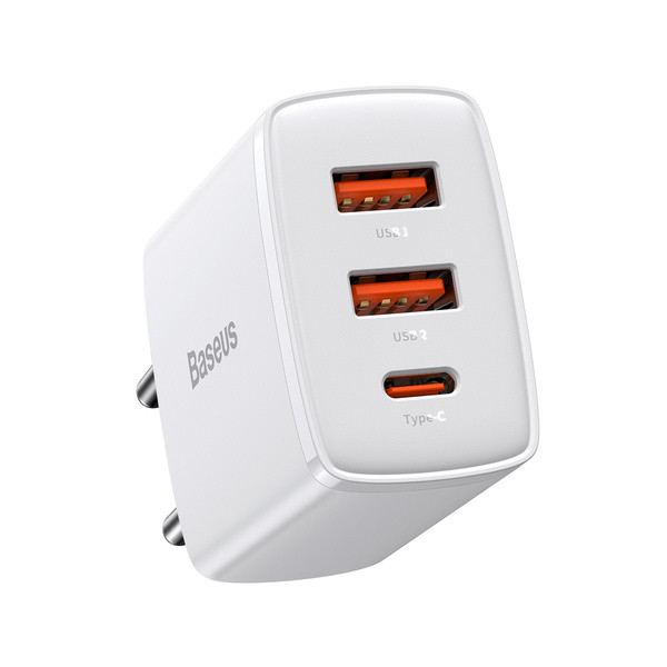ŁADOWARKA SIECIOWA BASEUS COMPACT QUICK CHARGER, 2XUSB, USB-C, PD, 3A, 30W (BIAŁA) 6953156207301