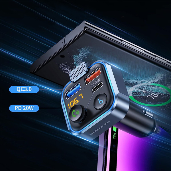 ZESTAW ECOBOX TRANSMITER FM  12/24 V BLUETOOTH 2 X USB + PD 20W + KABEL USB 3W1  CZARNY 2,4A