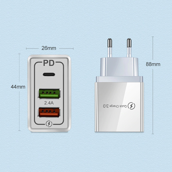 ECOBOX ŁADOWARKA SIECIOWA 2.4A  20W BIAŁA 3.0  2XUSB 1XPD SINGLE