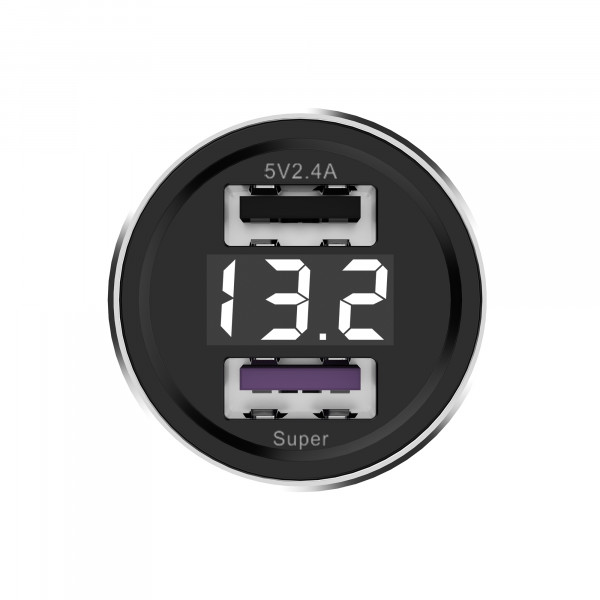 ŁADOWARKA SAMOCHODOWA 5A CZERWONA MIERNIK + KABEL TYP-C SOMOSTEL 30W 2XUSB DUAL SMS-A89 QUICK CHARGE QC 3.0 ALUMINIUM