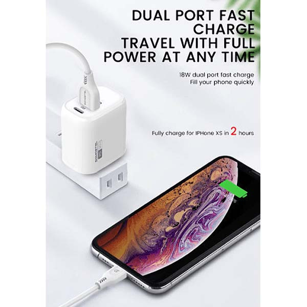 ŁADOWARKA SIECIOWA 3A 18W + KABEL IPHONE BIAŁA SOMOSTEL POWER DELIVERY QC3.0 SMS-Q01 PD+USB