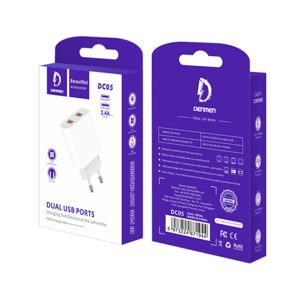 Denmen Ładowarka sieciowa DC05 2XUSB  2.4A 12W Biały  DC05 6973224871944