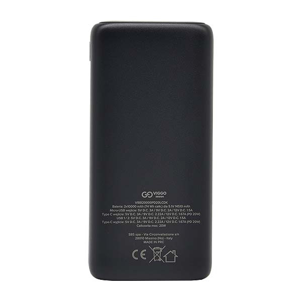 POWER BANK VIGGO PREMIUM 20000 mAh USB-C PD 20W LCD CZARNY 8018417414336