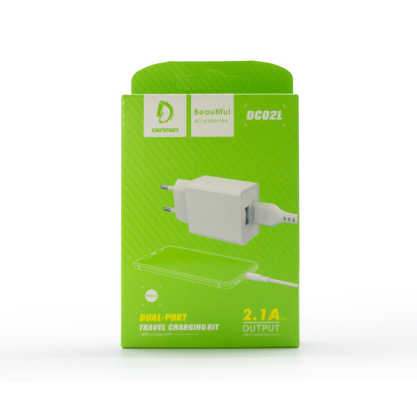 ŁADOWARKA SIECIOWA 2.1A 10W  BIAŁA DENMEN 2100mA 2xUSB DC02 + KABEL IPHONE WHITE 6973224870404