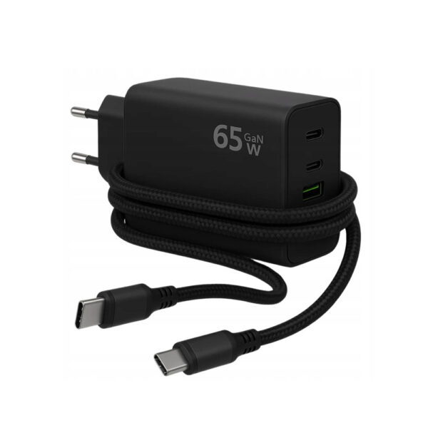 ECOBOX ŁADOWARKA SIECIOWA GAN PD 2xUSB-C 1xUSB 65W T6530 CZARNY + KABEL TYP-C DO TYP-C 5A 100W 1M CZARNY