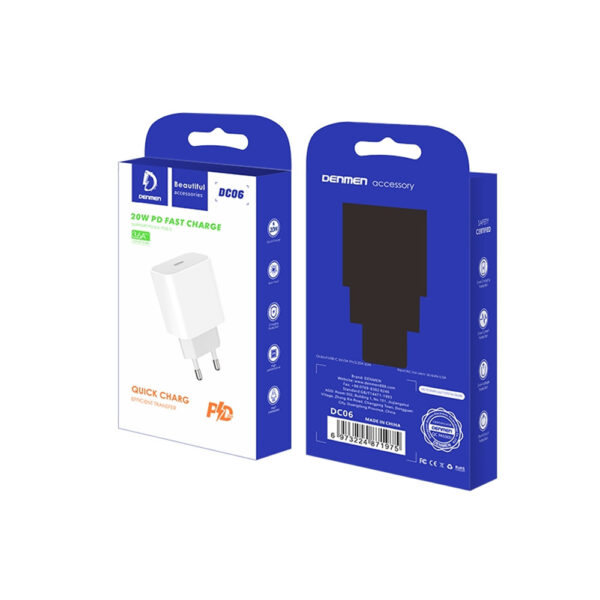 DENMEN ŁADOWARKA SIECIOWA 3,6A 20W BIAŁA DENMEN + KABEL  TYP-C DO TYP-C 1m