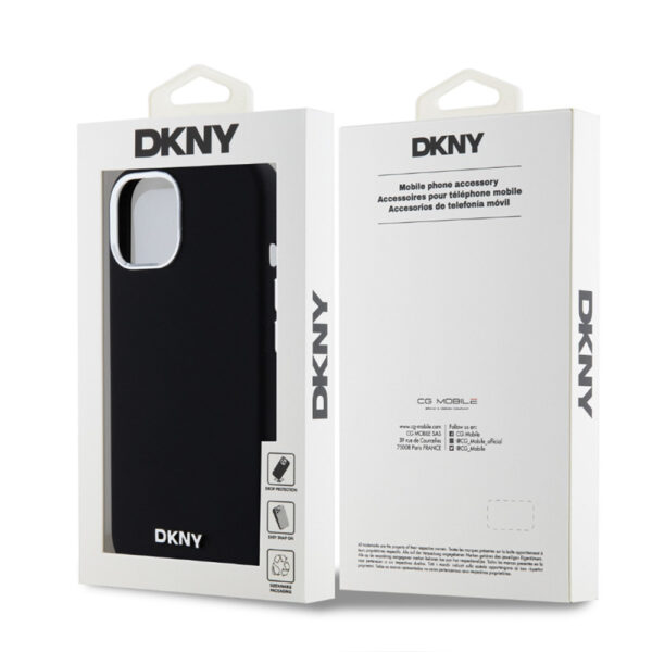 DKNY LIQUID SILICONE SILVER METAL LOGO MAGSAFE CASE FOR IPHONE 15 CZARNY 3666339265717