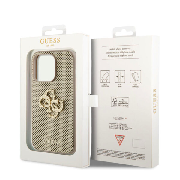 GUESS PU PERFORATED 4G GLITTER METAL LOGO CASE FOR IPHONE 15 PRO ZŁOTY 3666339151584