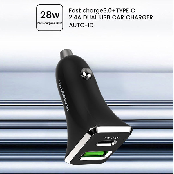 ŁADOWARKA SAMOCHODOWA 3A+2.4A 30W CZARNA SOMOSTEL 3100mA + 2100mA TYPC+USB DUAL SMS-A42B  QC 3.0 PD