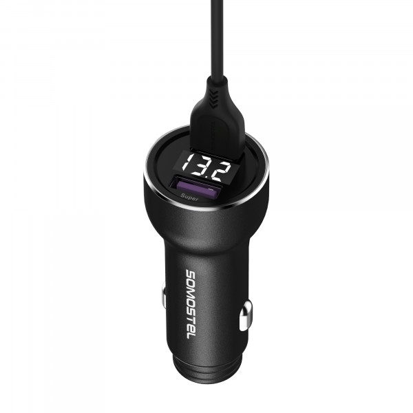 ŁADOWARKA SAMOCHODOWA 5A CZARNA MIERNIK + KABEL IPHONE SOMOSTEL 30W 2XUSB DUAL SMS-A89 QUICK CHARGE QC 3.0 ALUMINIUM