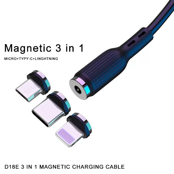 DENMEN KABEL USB 3W1 DENMEN CZARNY D18 MAGNETYCZNY MICRO TYP-C IPHONE 2,4A  1M 6973224871586