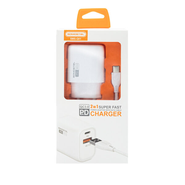 ŁADOWARKA SIECIOWA 3A 18W + KABEL TYP-C BIAŁA SOMOSTEL POWER DELIVERY QC3.0  SMS-Q01 PD+USB