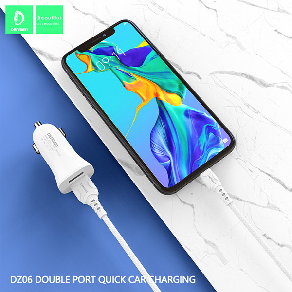 ŁADOWARKA SAMOCHODOWA 3A  + KABEL TYP-C BIAŁA DENMEN 3100mA DUAL FAST CHARGING 2XUSB DZ06T 15W 6973224872064