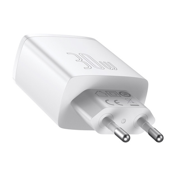 ŁADOWARKA SIECIOWA BASEUS COMPACT QUICK CHARGER, 2XUSB, USB-C, PD, 3A, 30W (BIAŁA) 6953156207301