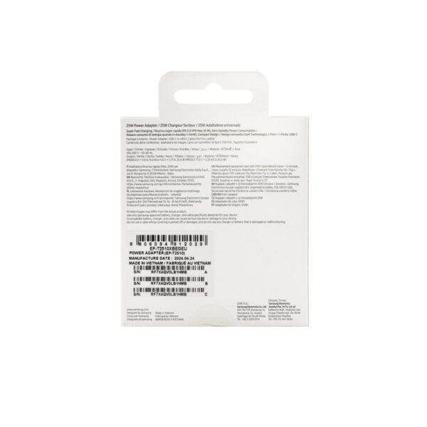 SAMSUNG ŁADOWARKA SIECIOWA TYP-C PD GAN EP-T2510XBE 25W CZARNY 3A + KABEL TYP-C TYP-C PD 8806094912029