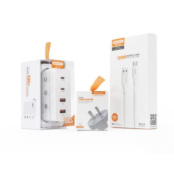SOMOSTEL ŁADOWARKA SIECIOWA 130W GaN BIAŁA Q24 2XTYP-C PD + 2XUSB + KABEL USB TYP-C - TYP-C 6A 120W SMS-BA02