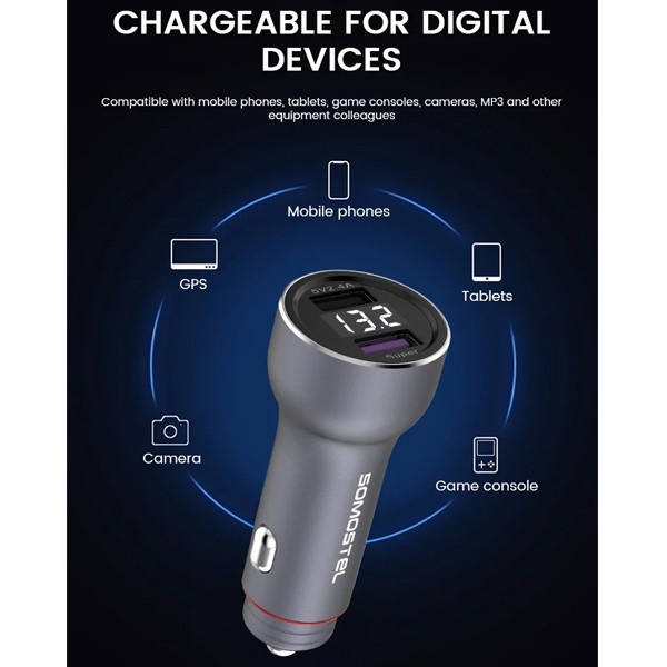 ŁADOWARKA SAMOCHODOWA 5A SREBRNY MIERNIK + KABEL IPHONE SOMOSTEL 30W 2XUSB DUAL SMS-A89 QUICK CHARGE QC 3.0 ALUMINIUM