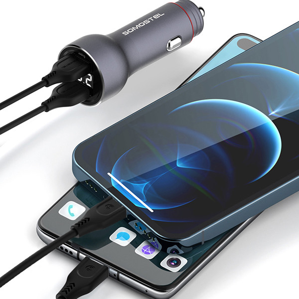 ŁADOWARKA SAMOCHODOWA 5A CZARNA MIERNIK + KABEL TYP-C SOMOSTEL 30W 2XUSB DUAL SMS-A89 QUICK CHARGE QC 3.0 ALUMINIUM