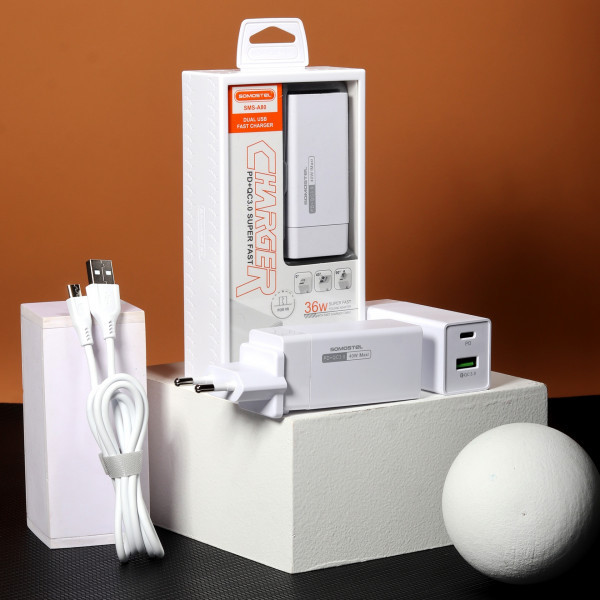 ŁADOWARKA SIECIOWA 36W + KABEL IPHONE  BIAŁA SOMOSTEL POWER DELIVERY SMS-A80 PD