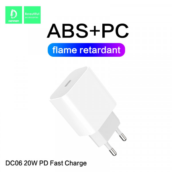 Denmen Ładowarka sieciowa DC06 TYP-C  + kabel Typ-C - Typ-C 3.6A 20W 1m Power Delivery PD Biały 6973224872194
