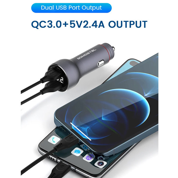 ŁADOWARKA SAMOCHODOWA 5A SREBRNY MIERNIK + KABEL IPHONE SOMOSTEL 30W 2XUSB DUAL SMS-A89 QUICK CHARGE QC 3.0 ALUMINIUM