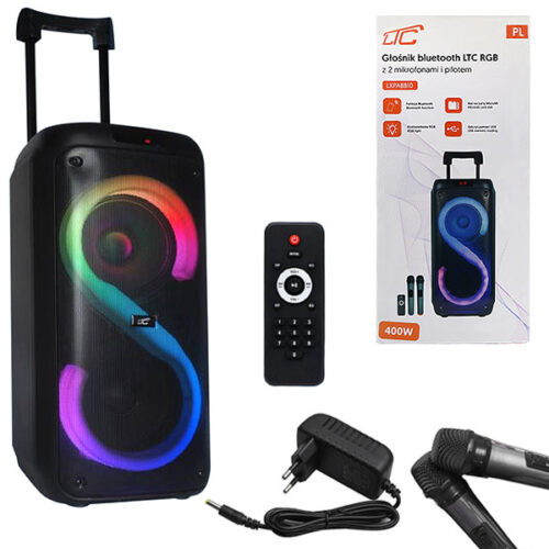 RGB GŁOŚNIK BLUETOOTH LTC 2X8`` 400W, 2 MIKROFONY I PILOT USB/SD/AUX 7200MAH  LXPA8810 5902270786804