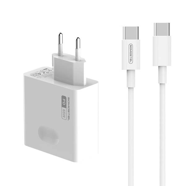 ŁADOWARKA SIECIOWA 65W GAN + KABEL TYP-C DO TYP-C BIAŁA SOMOSTEL POWER DELIVERY Q15 PD