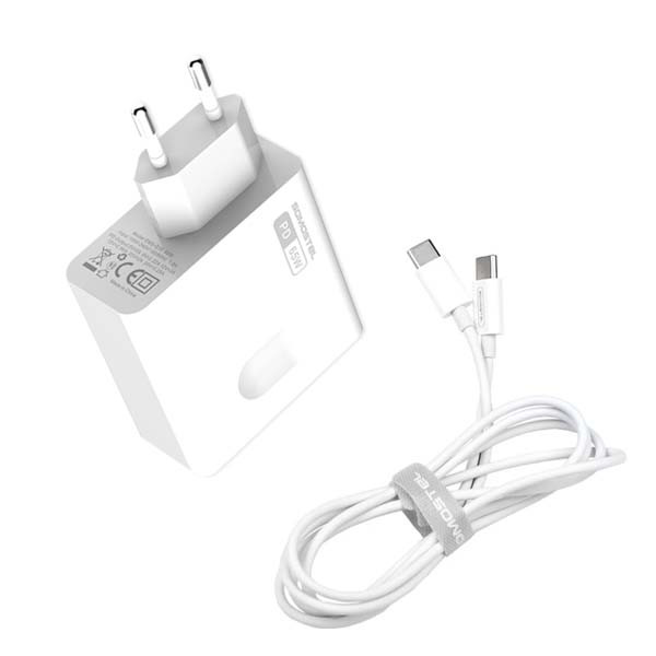 ŁADOWARKA SIECIOWA 65W GAN + KABEL TYP-C DO TYP-C BIAŁA SOMOSTEL POWER DELIVERY Q15 PD