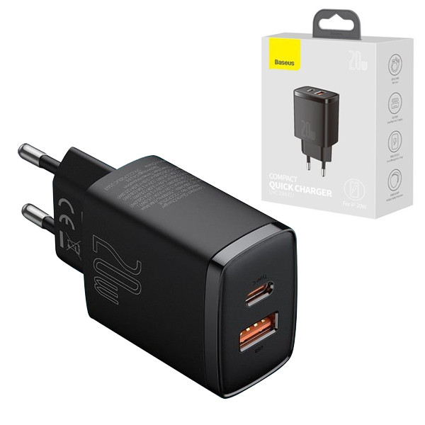 ŁADOWARKA SIECIOWA BASEUS COMPACT QUICK CHARGER, USB, USB-C, 20W (CZARNA) 6953156207233