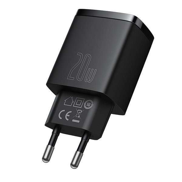 ŁADOWARKA SIECIOWA BASEUS COMPACT QUICK CHARGER, USB, USB-C, 20W (CZARNA) 6953156207233