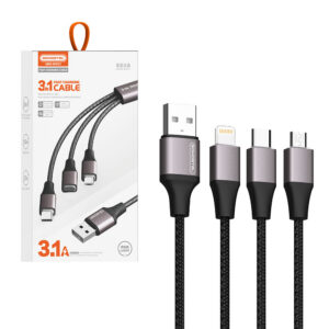 Somostel kabel 3w1 wzmacniany RGB LED USB - Typ-C / Lightning / Micro USB 3.1A 1.2m czarny SMS-BW23