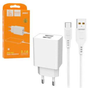 Denmen Ładowarka sieciowa 2XUSB + kabel USB - USB-C 2.1A 10W Biały DC02T