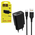 Denmen Ładowarka sieciowa USB + kabel USB - Typ-C 2.4A 12W Czarny DC01TB