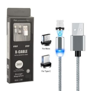 Ecobox Kabel 3w1 Magnetyczny 360 USB - Typ-c / microUSB / Lightning 2A 1m Srebrny