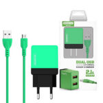 Somostel Ładowarka sieciowa 2XUSB + kabel USB - microUSB 2.1A 10W 1m Zielony SMS-A53