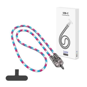 ECOBOX KABEL 240W TYP-C DO TYP-C SMYCZ NA SZYJE TĘCZA RÓŻ/NIEB