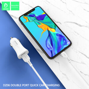 ŁADOWARKA SAMOCHODOWA 3A + KABEL TYP-C BIAŁA DENMEN 3100mA DUAL FAST CHARGING 2XUSB DZ06T 15W
